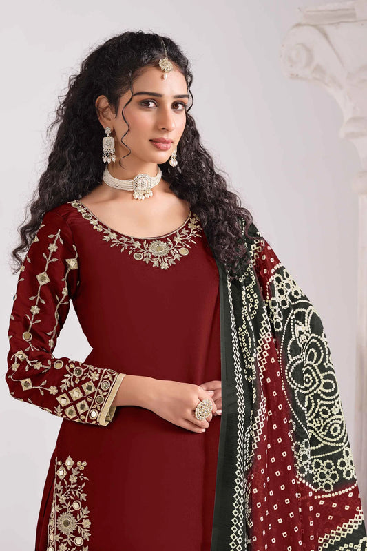 Maroon Art Silk Designer Punjabi Style Suit With Dupatta