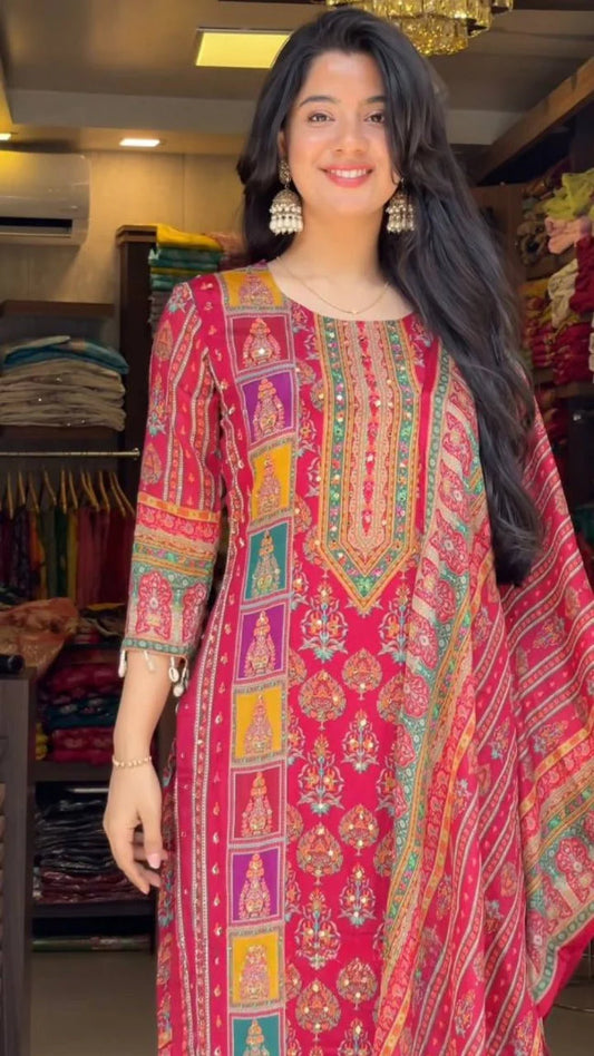 Maska Cotton Digital Print Top with Hand Mirror Work, Cotton Silk Pant &