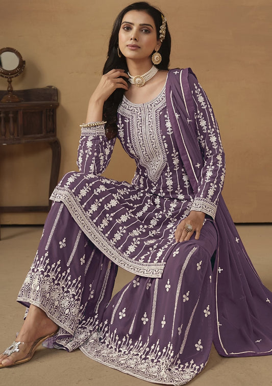Purple Embroidered Georgette Kurta Set