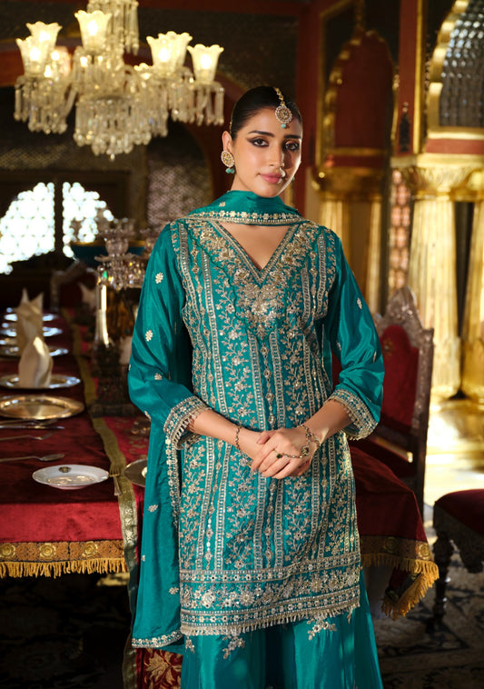 Teal Green Mirror Work Palazzo Salwar Suit Set