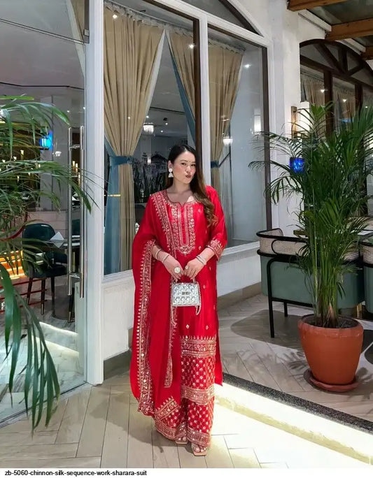 Traditional Red Chinnon Silk Sharara Suit with Embroidered Dupatta