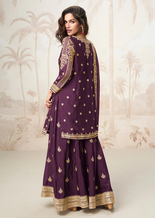 Wine Readymade Embroidered Chinon Silk Suit