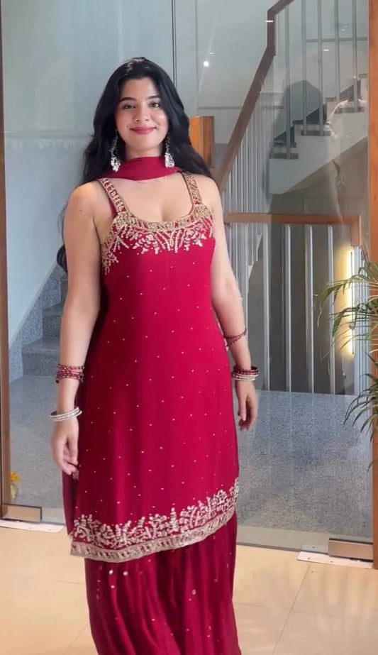 Luxury Faux Georgette Top with Palazzo and Dupatta – Handwork & Embroidery Detailing