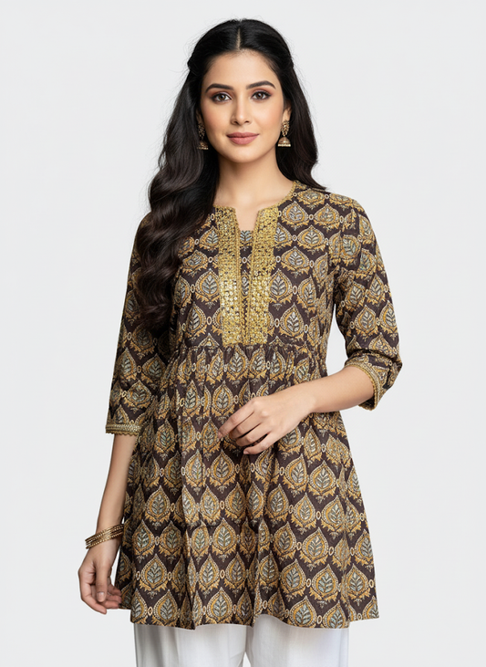 Brown Printed Cotton Short Tunic Kurti