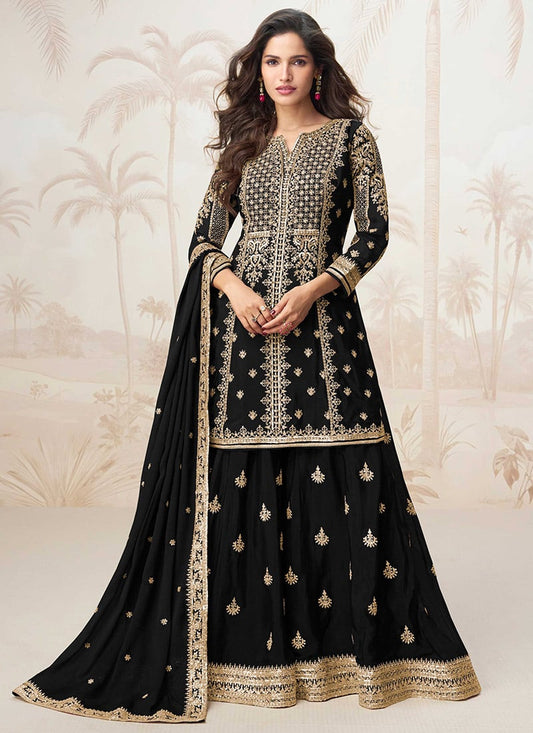 Black Chinon Silk Embroidered Sharara Suit Stitched
