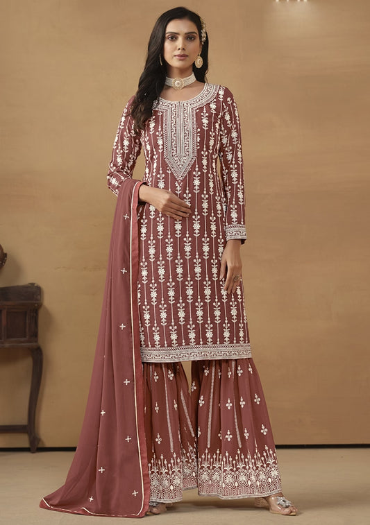 Brown Faux Georgette Embroidered Palazzo Suit For Women