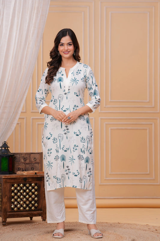 Blue White Printed Cotton Kurta and Pant Set