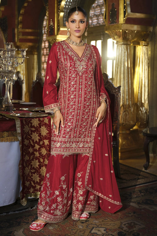 Chinon Embroidered Red Designer Readymade Pakistani Style Palazzo Suit