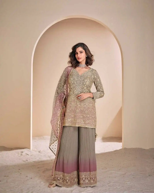 Green Pink Ombré Embroidered Palazzo Suit