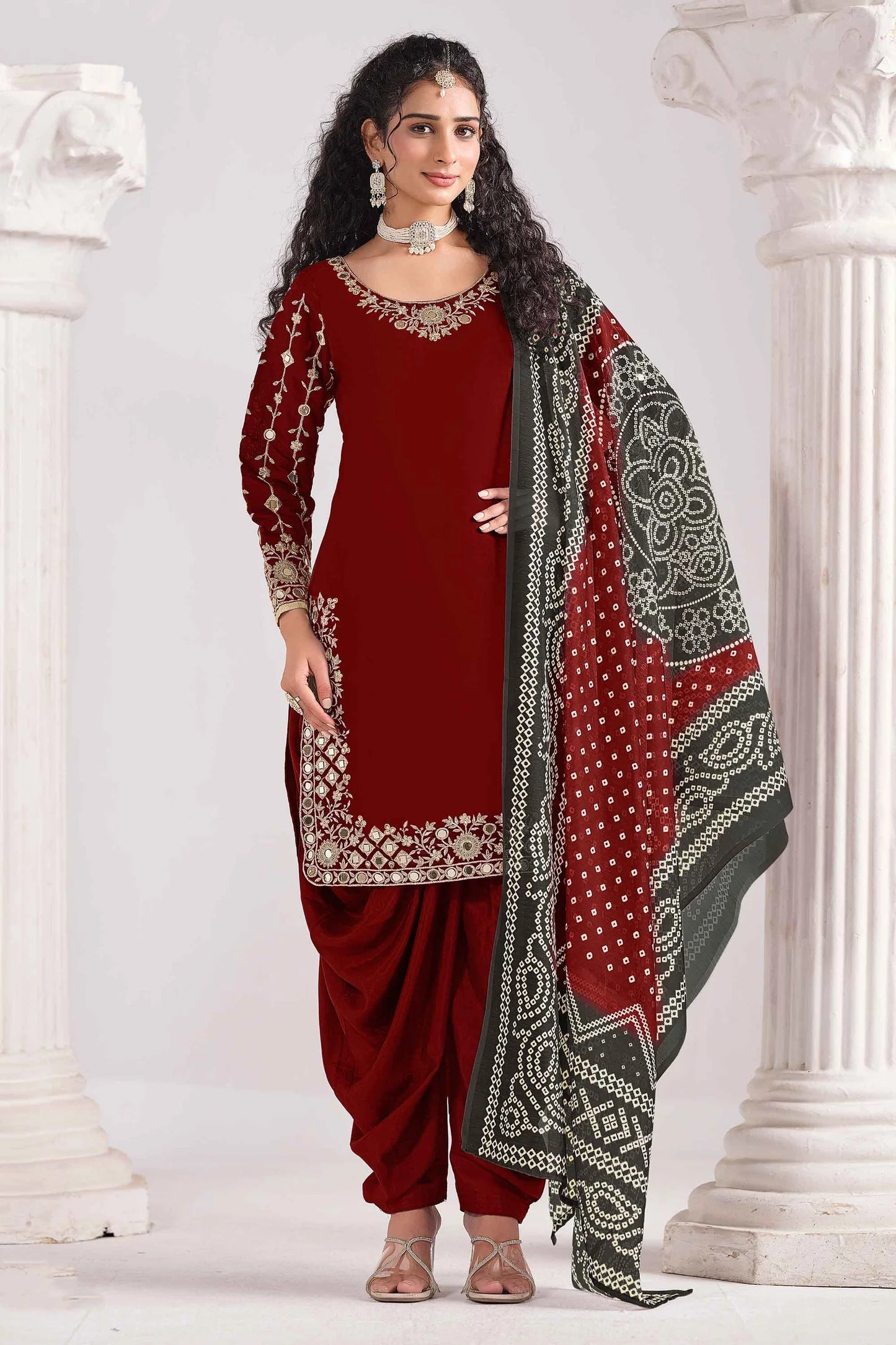 Maroon Art Silk Designer Punjabi Style Suit With Dupatta