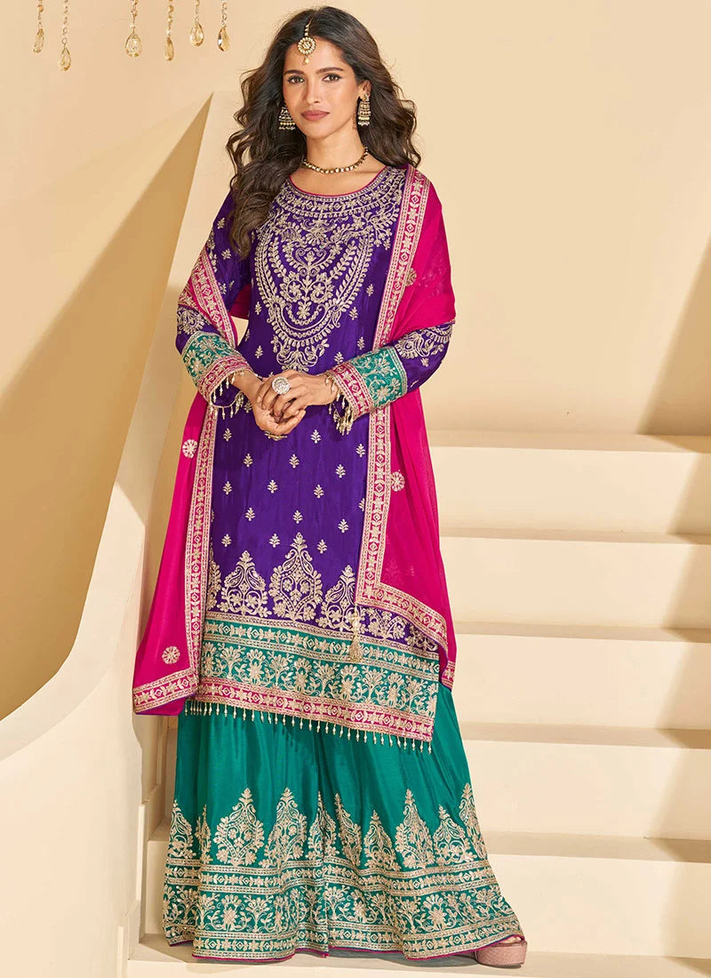 Purple Chinon Zari Embroidered Palazzo Suit Festive Wear