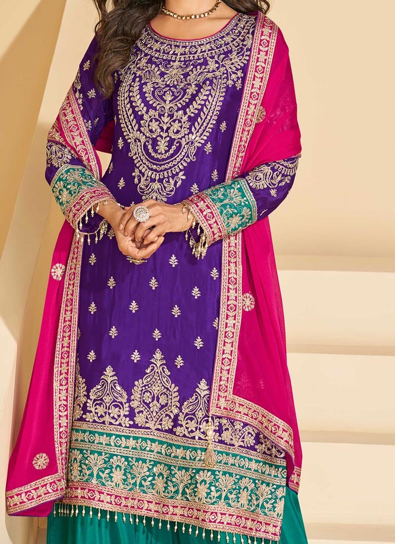 Purple Chinon Zari Embroidered Palazzo Suit Festive Wear