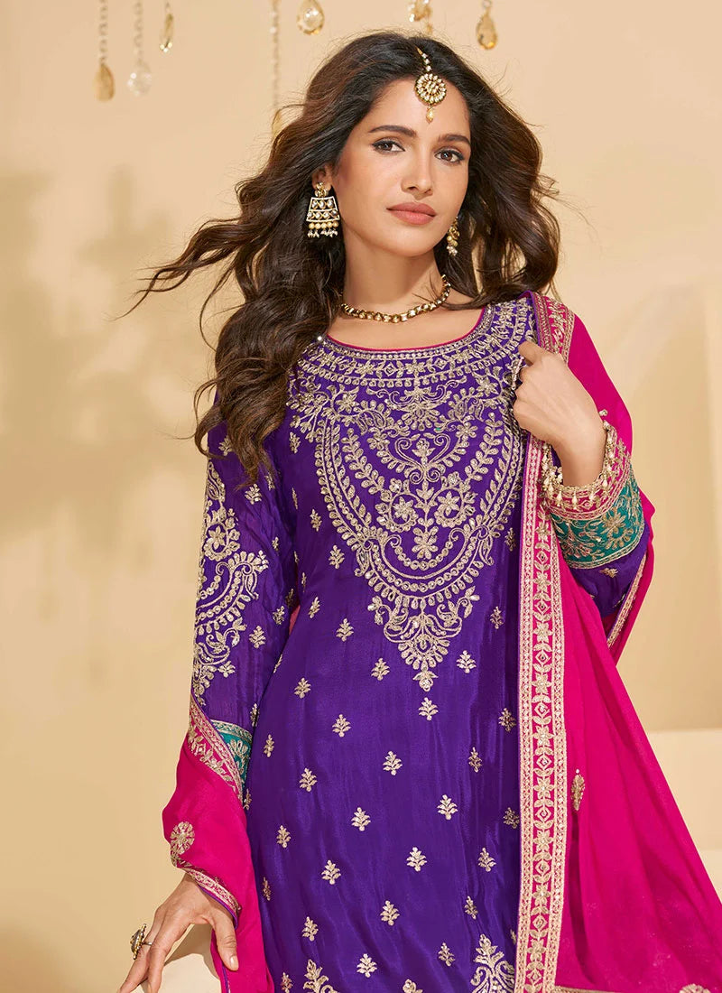 Purple Chinon Zari Embroidered Palazzo Suit Festive Wear