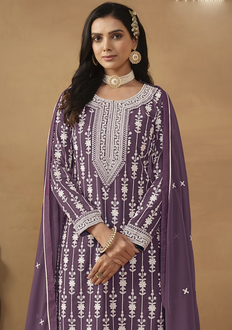 Purple Embroidered Georgette Kurta Set