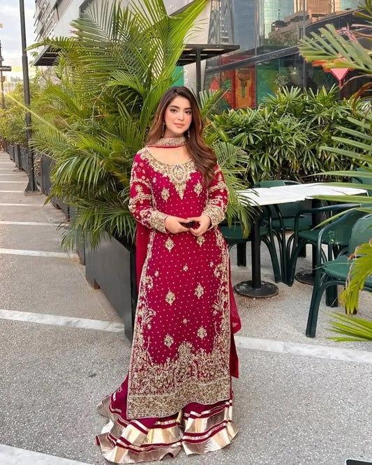 Red Georgette Silk Embroidery Slawar Suit