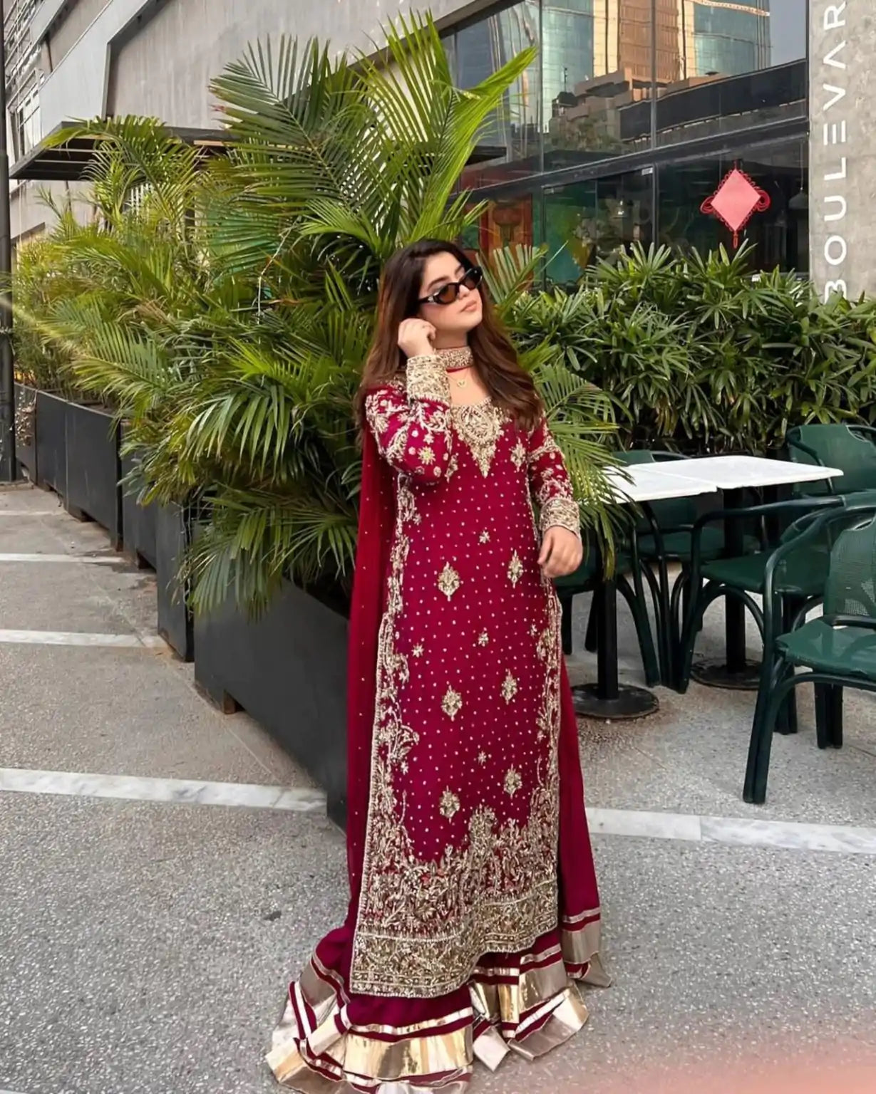 Red Georgette Silk Embroidery Slawar Suit