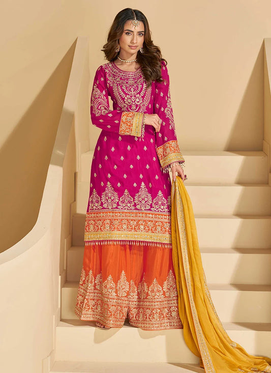 Rani Pink Chinon Zari Embroidered Palazzo Suit Festive Wear