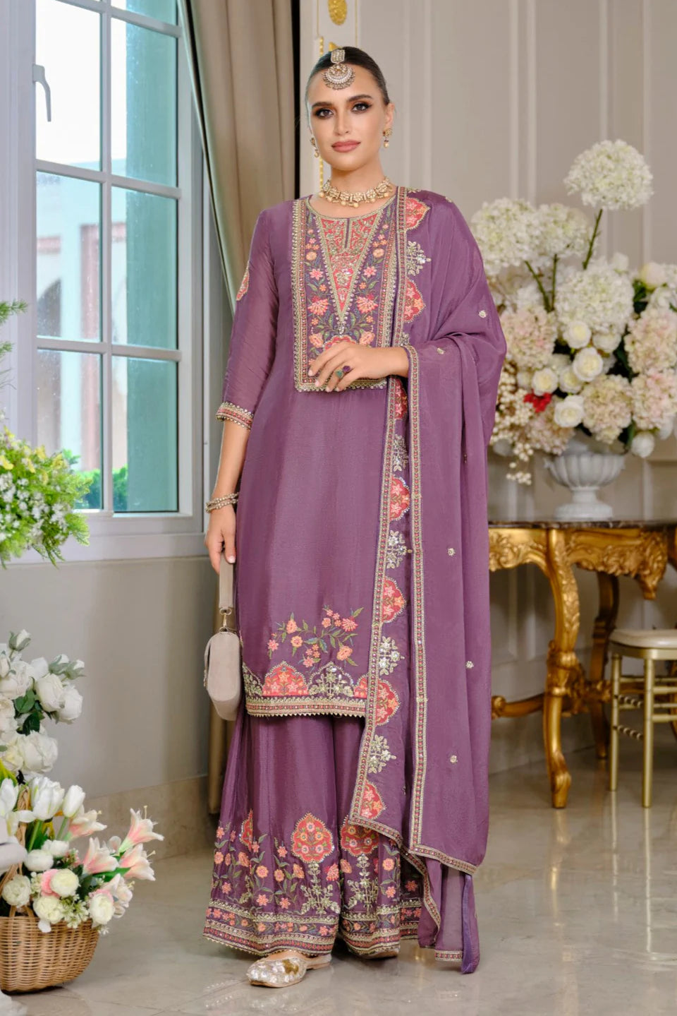 SURYAMOOKHI ORCHID EMBROIDERY GHARARA SUIT SET