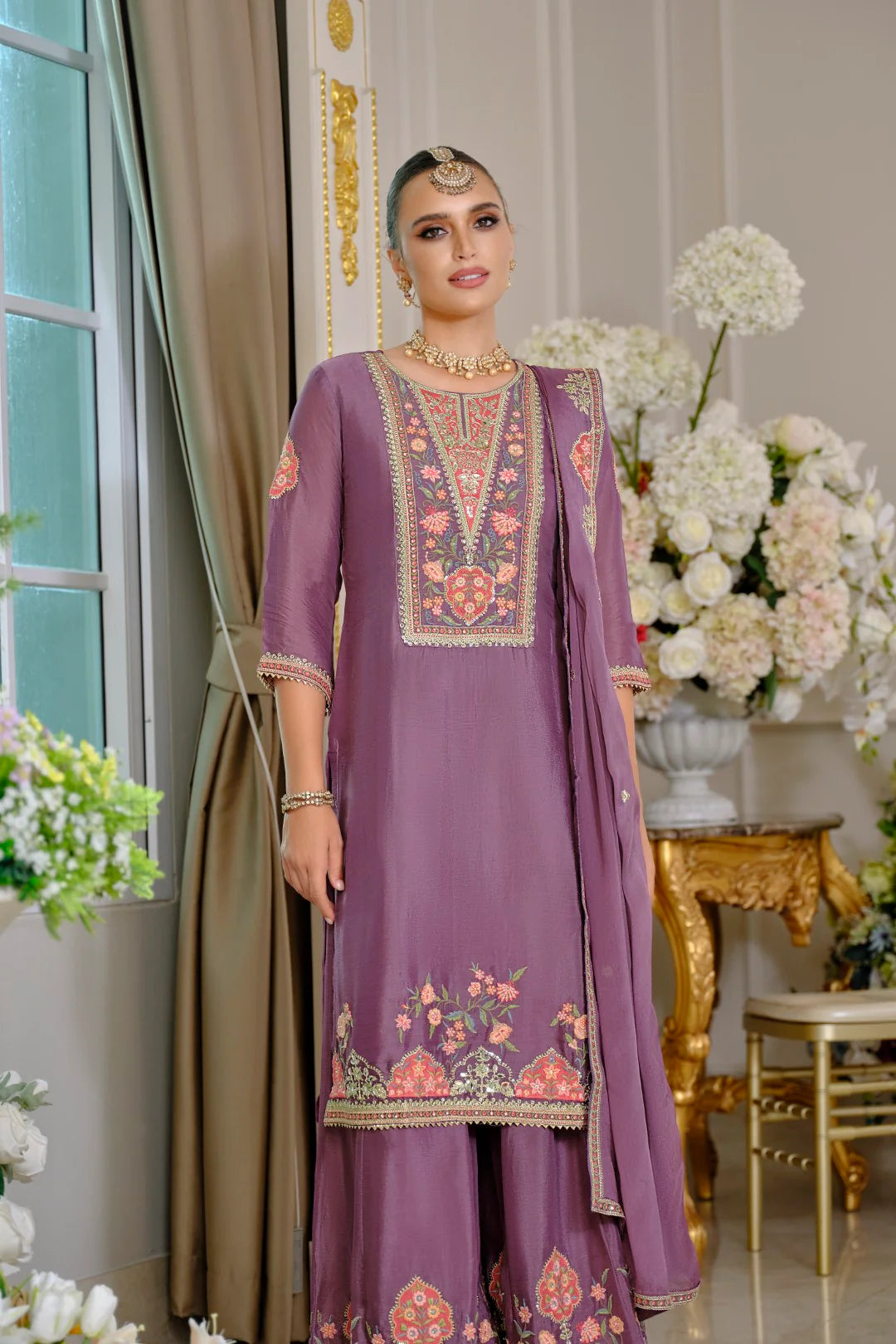 SURYAMOOKHI ORCHID EMBROIDERY GHARARA SUIT SET