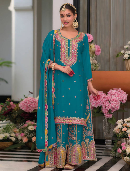 Teal Blue Embroidered Straight Kurta Palazzos With Dupatta Set
