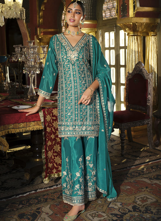Teal Green Mirror Work Palazzo Salwar Suit Set