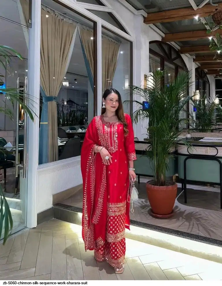 Traditional Red Chinnon Silk Sharara Suit with Embroidered Dupatta