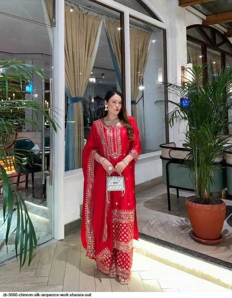 Traditional Red Chinnon Silk Sharara Suit with Embroidered Dupatta