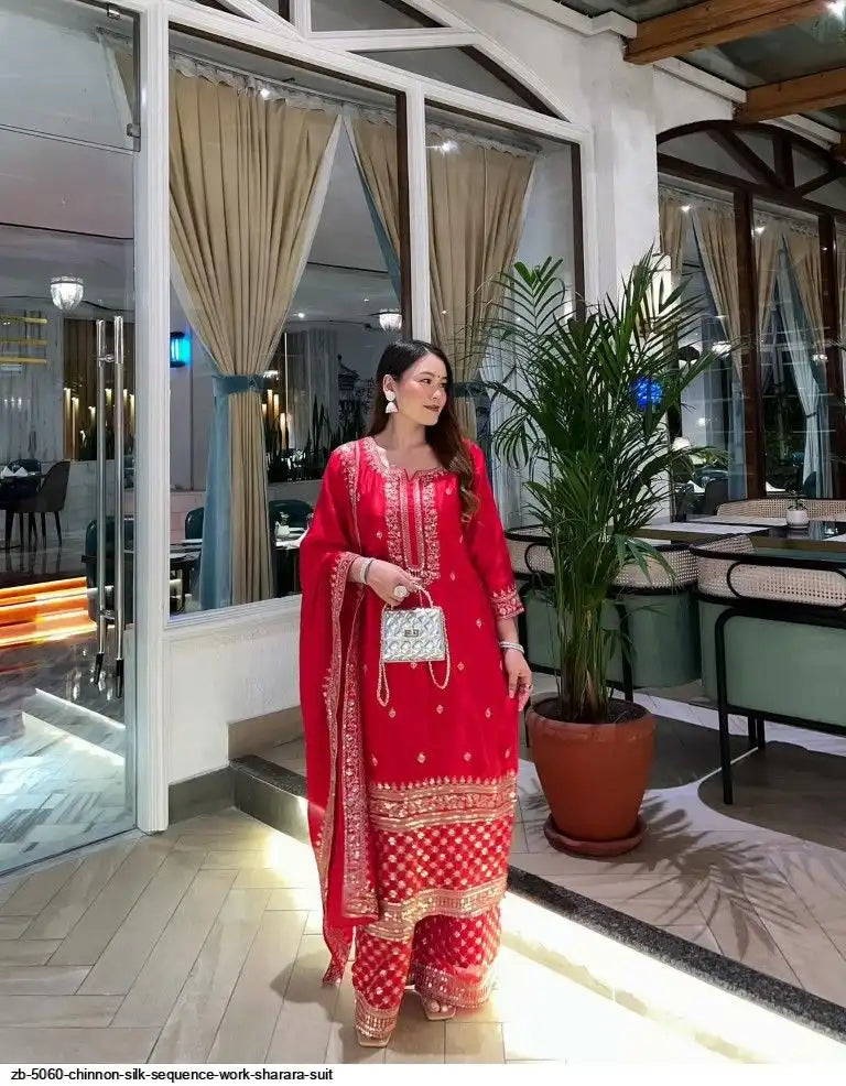 Traditional Red Chinnon Silk Sharara Suit with Embroidered Dupatta