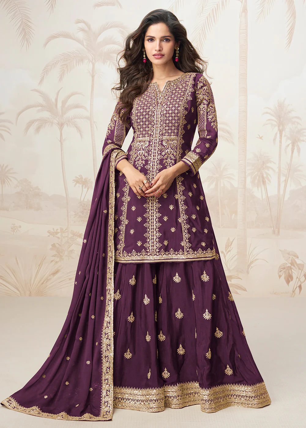 Wine Readymade Embroidered Chinon Silk Suit