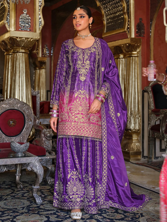 Purple Embroidered Chinon Straight Kurta Palazzos With Dupatta