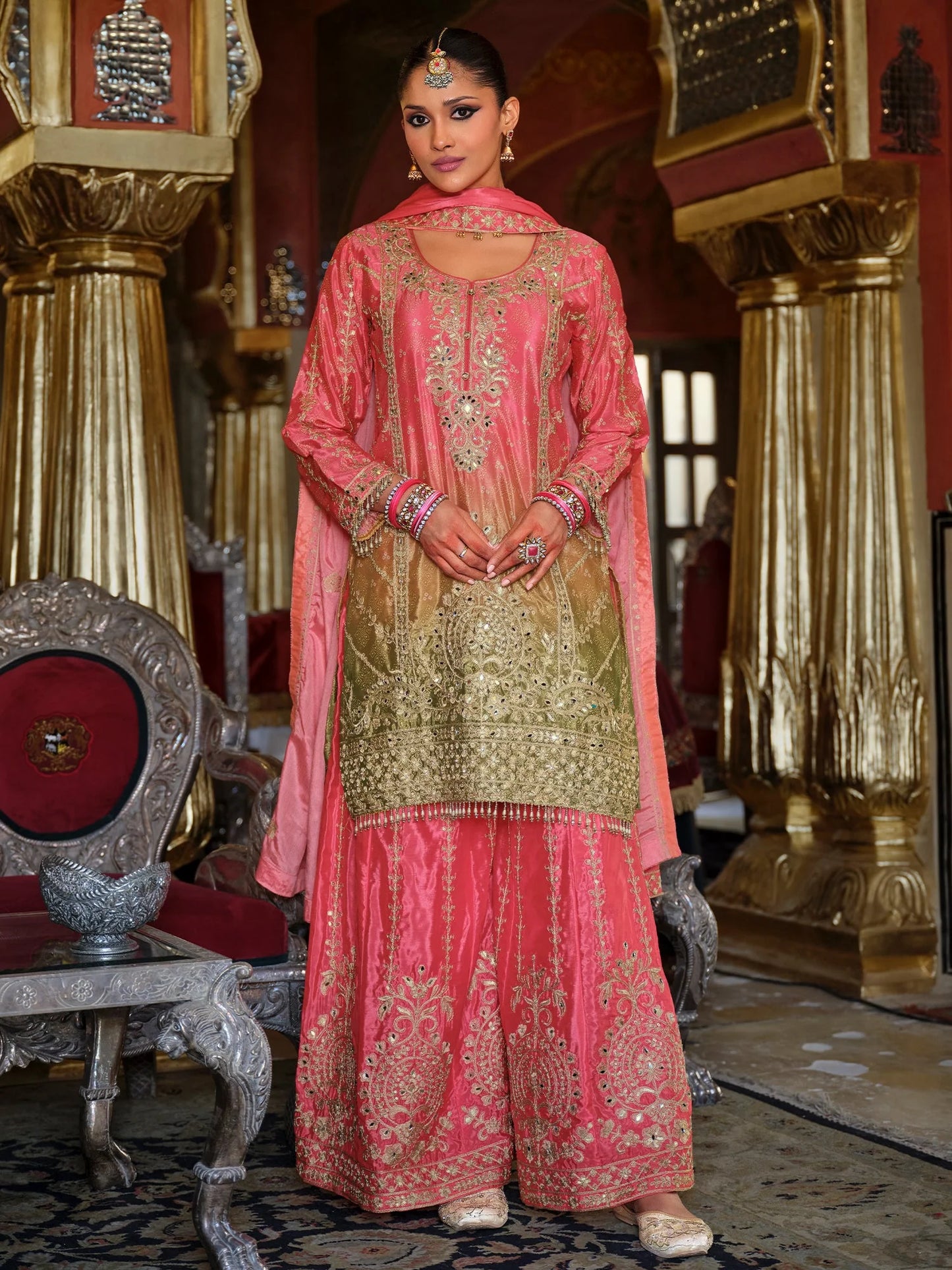 Peach Embroidered Chinon Straight Kurta Palazzos With Dupatta