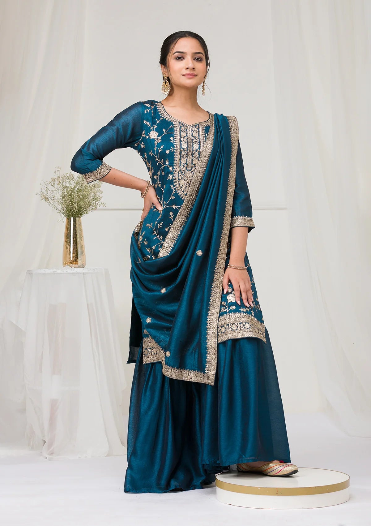 Peacock Blue Zariwork Raw Silk Readymade Salwar Suit