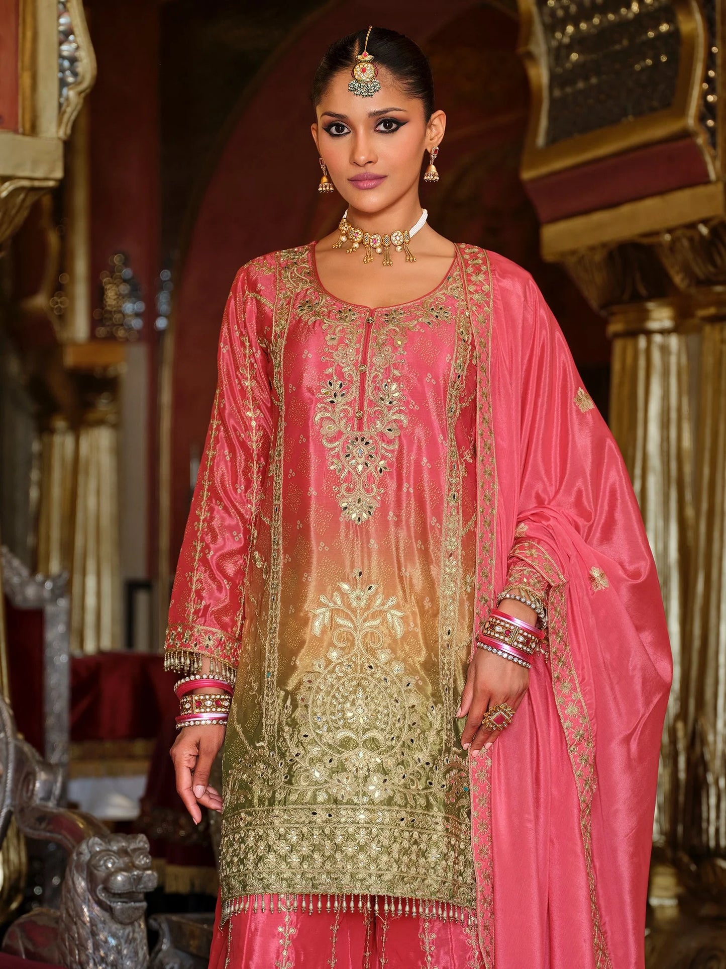 Peach Embroidered Chinon Straight Kurta Palazzos With Dupatta