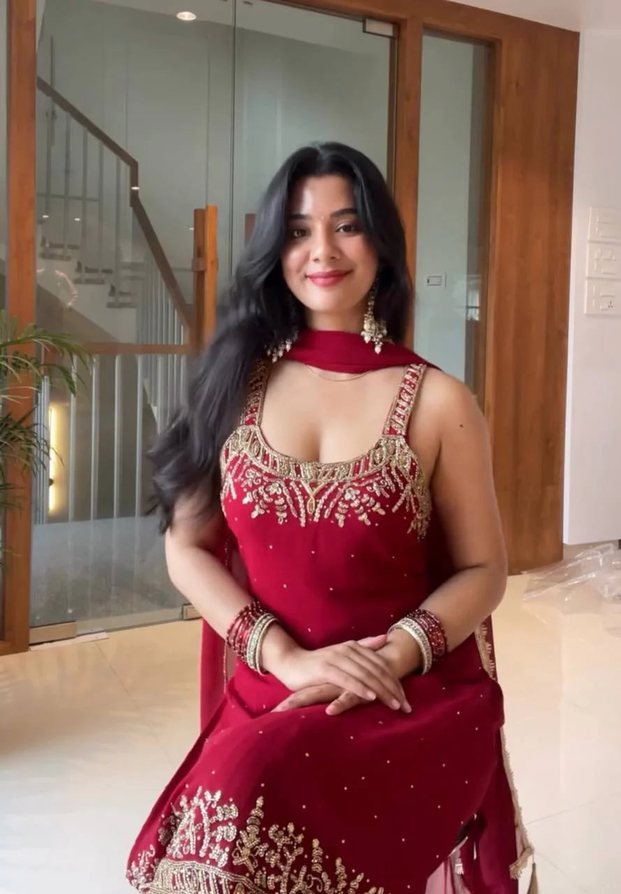 Luxury Faux Georgette Top with Palazzo and Dupatta – Handwork & Embroidery Detailing