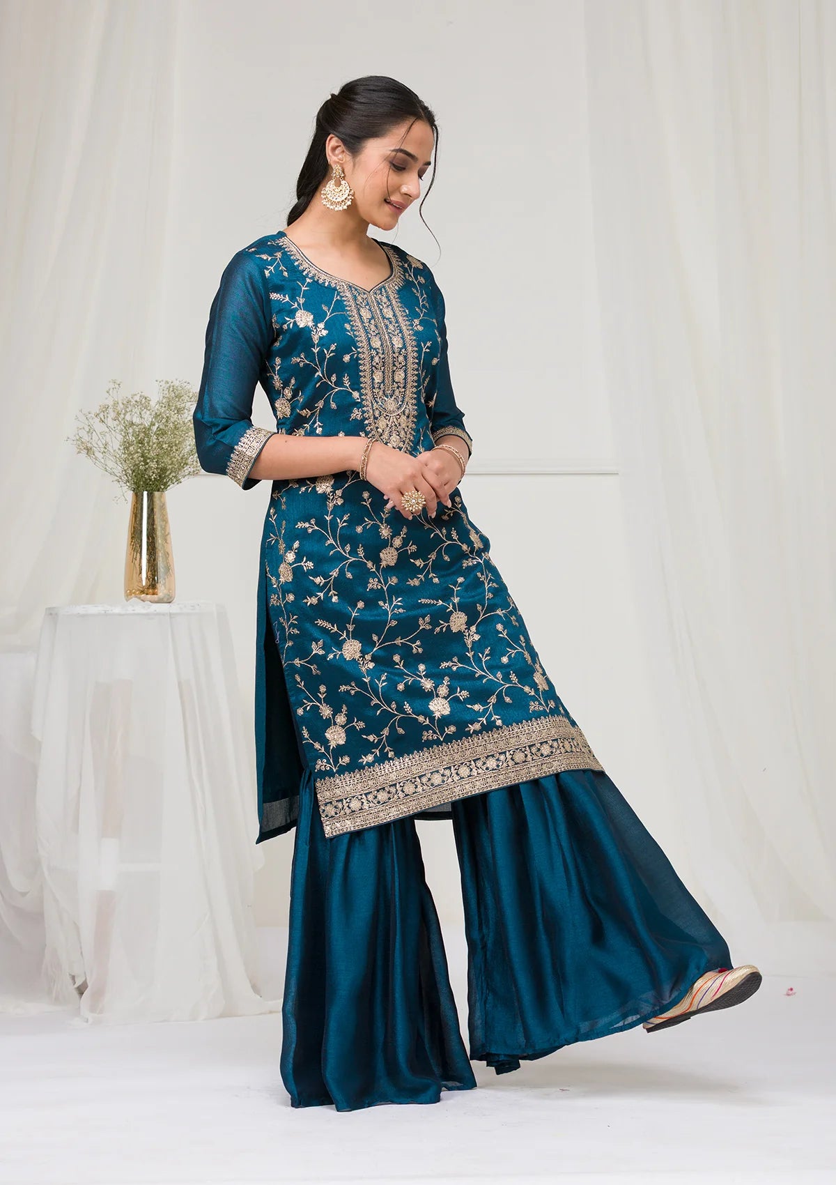 Peacock Blue Zariwork Raw Silk Readymade Salwar Suit