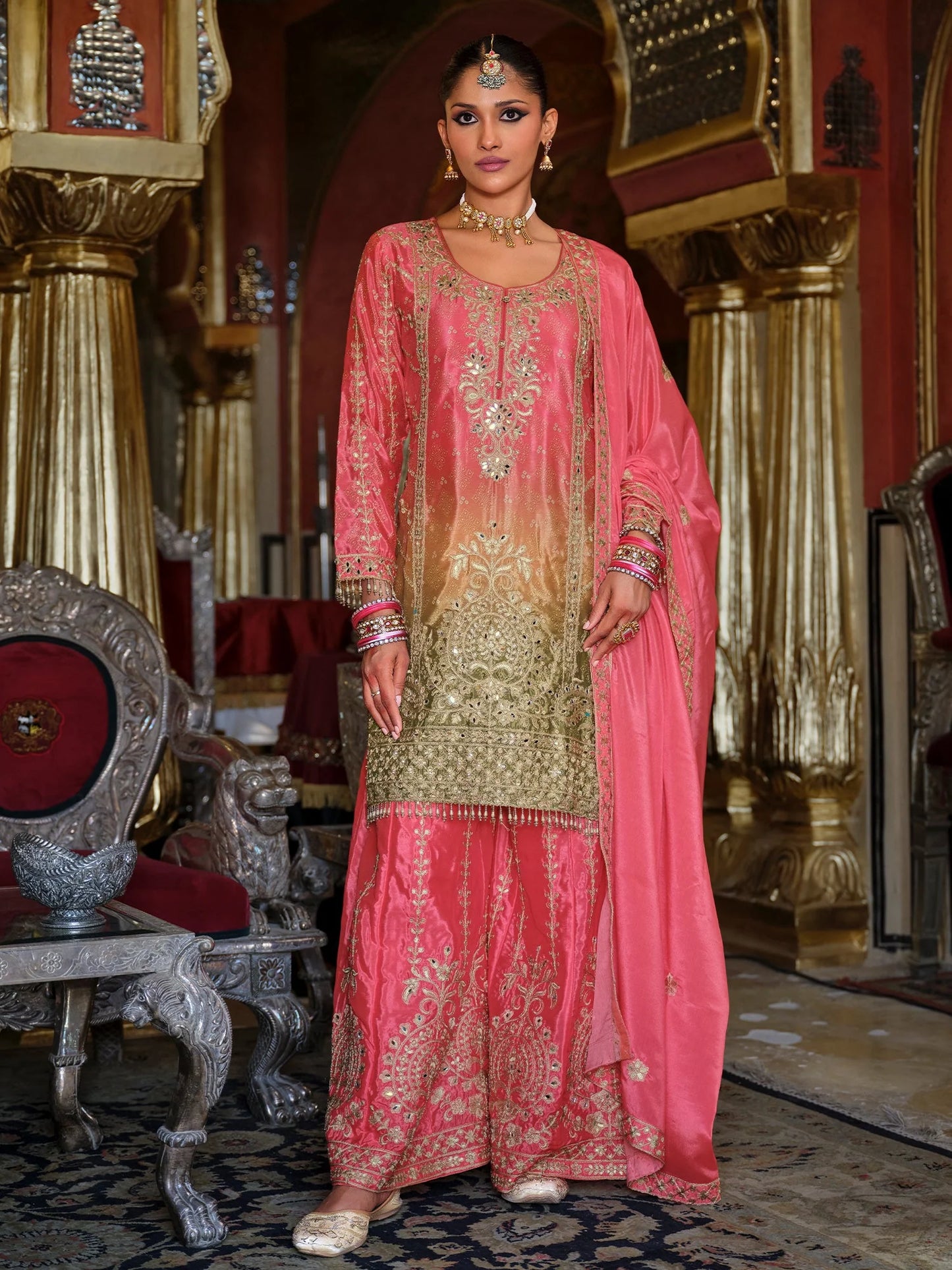 Peach Embroidered Chinon Straight Kurta Palazzos With Dupatta