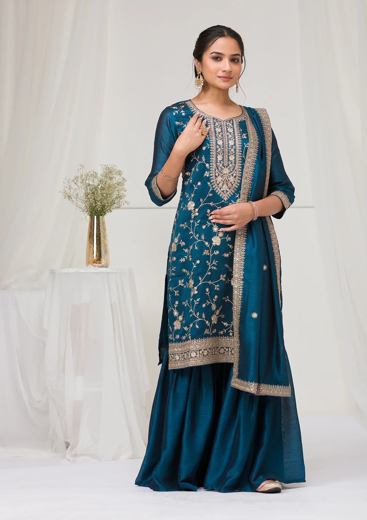 Peacock Blue Zariwork Raw Silk Readymade Salwar Suit