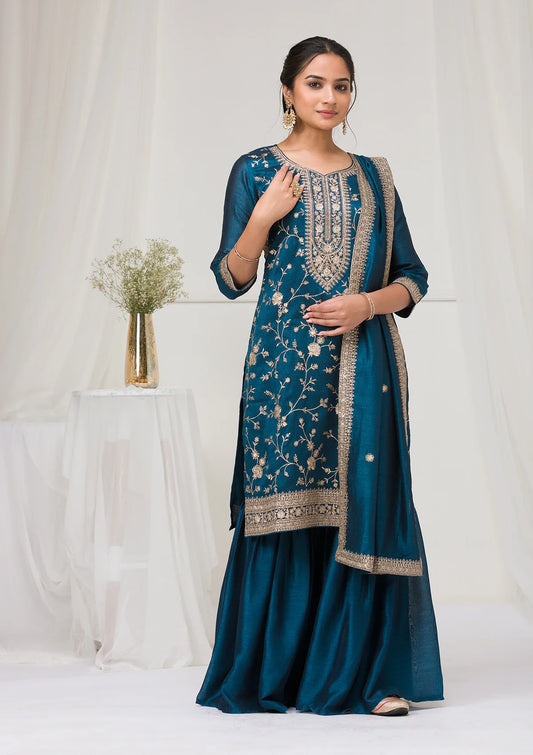 Peacock Blue Zariwork Raw Silk Readymade Salwar Suit