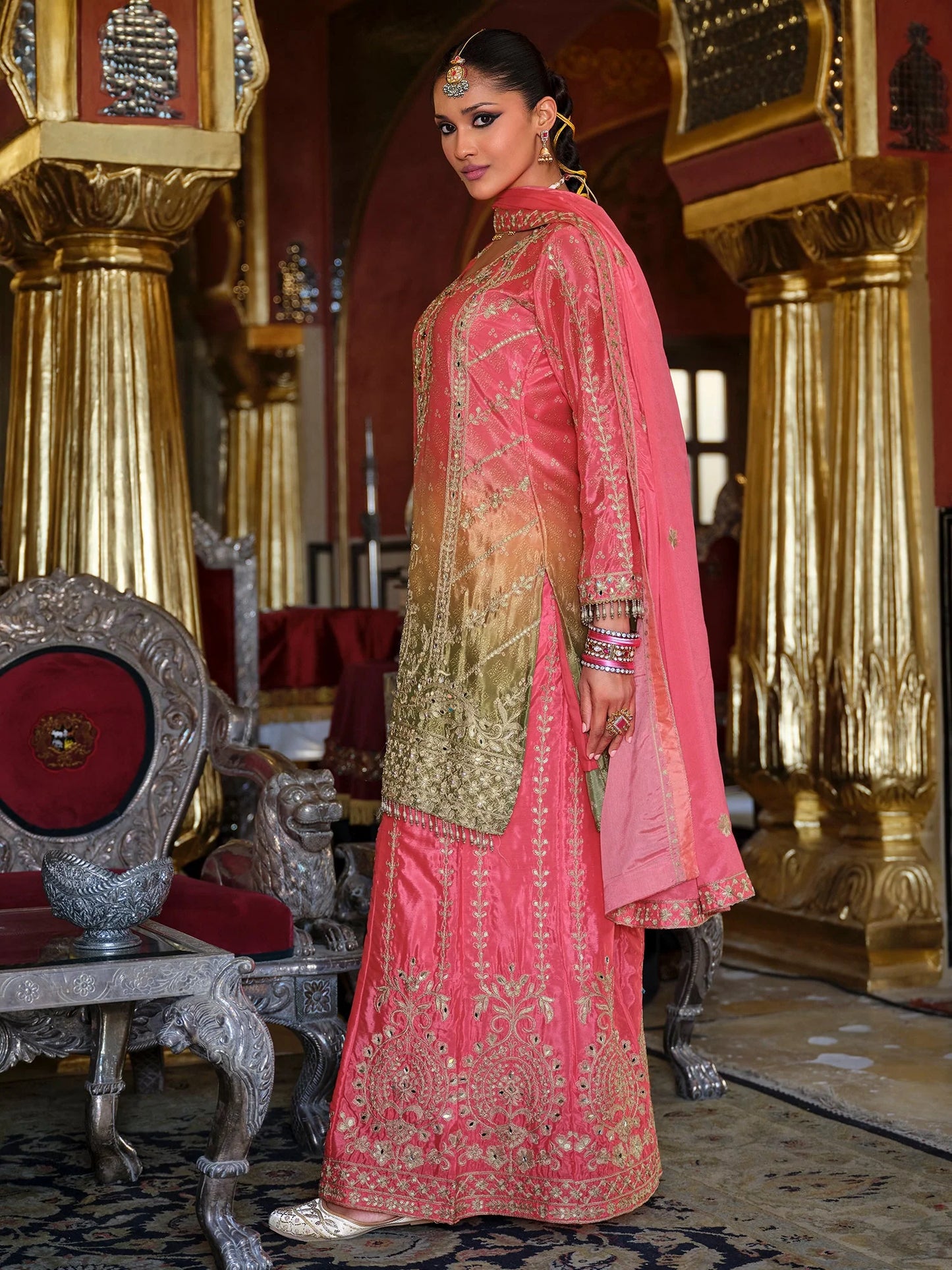 Peach Embroidered Chinon Straight Kurta Palazzos With Dupatta